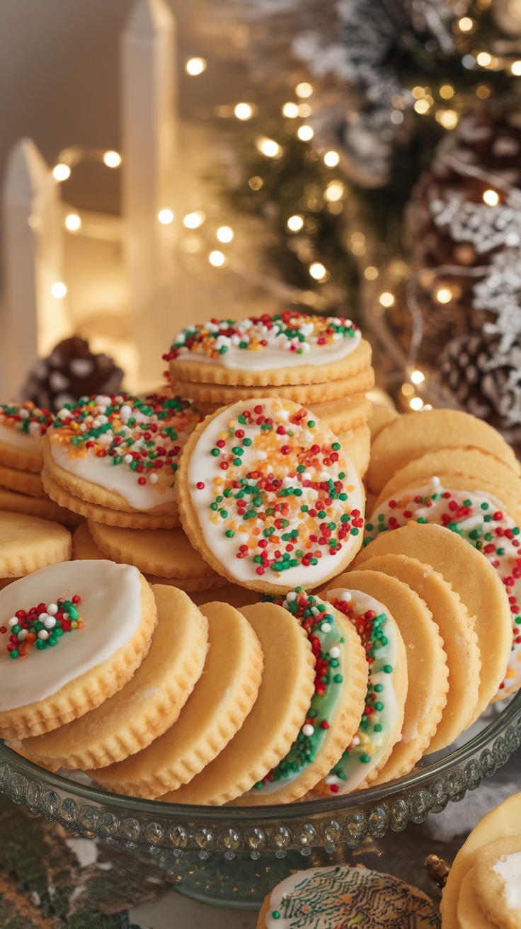 A plate of decorated buttery shortbread cookies with icing and sprinkles on a festive background.